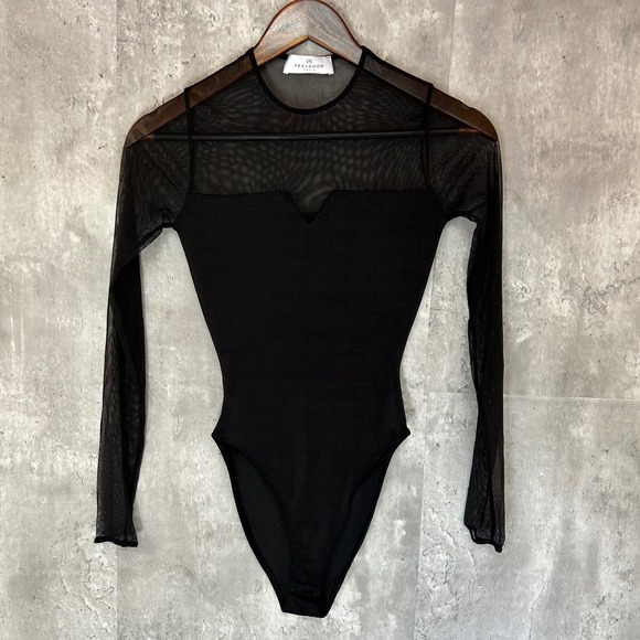Feelgood Paris Tops - Feelgood Paris Black Mesh Long Sleeve Bodysuit Sheer Panel Notched Neckline M/L